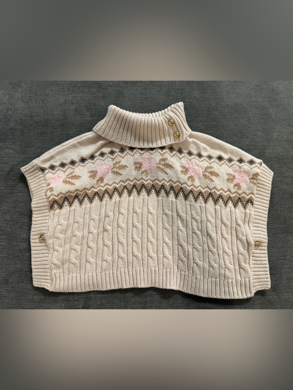 Janie and Jack Beige Cable Knit Sweater Poncho with Pink Floral Detail
